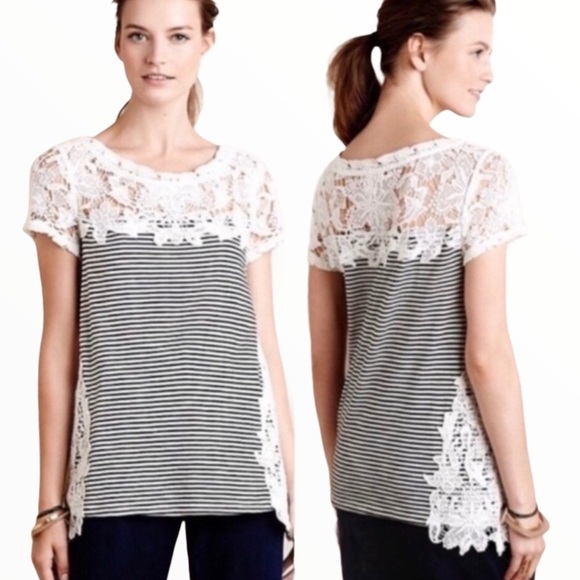 MEADOW RUE (Anthro) Stripe Top With Crochet Front & Side Detail Navy Blue Sz XS - Picture 1 of 13